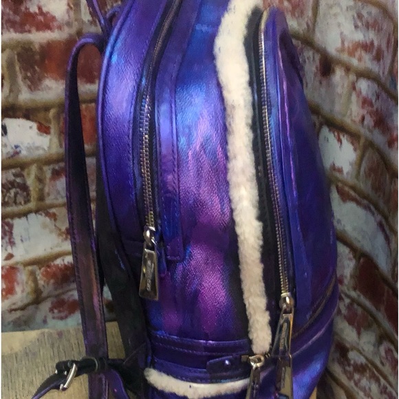 Michael Kors Metallic Purple Blu Multi Color Leather Backpack W/Faux Fur - Picture 11 of 14